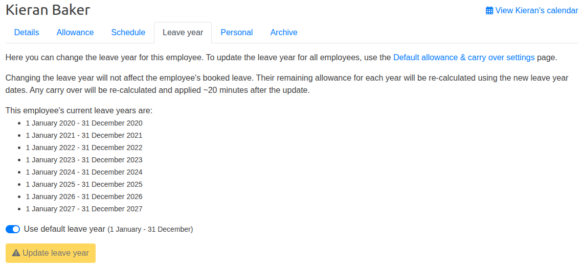 Employee leave year tab
