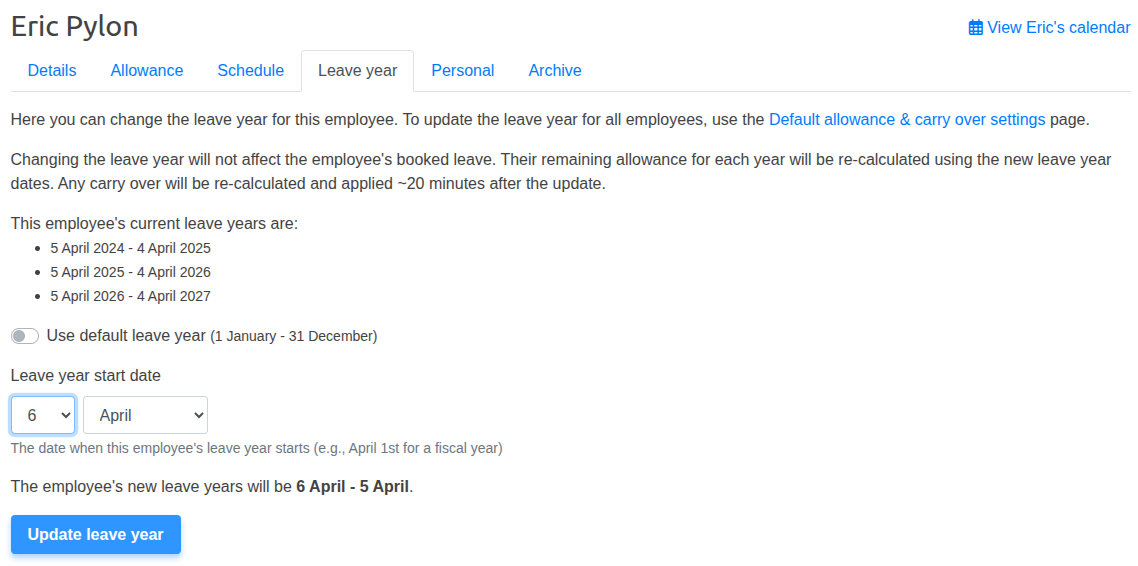 Setting new employee leave year
