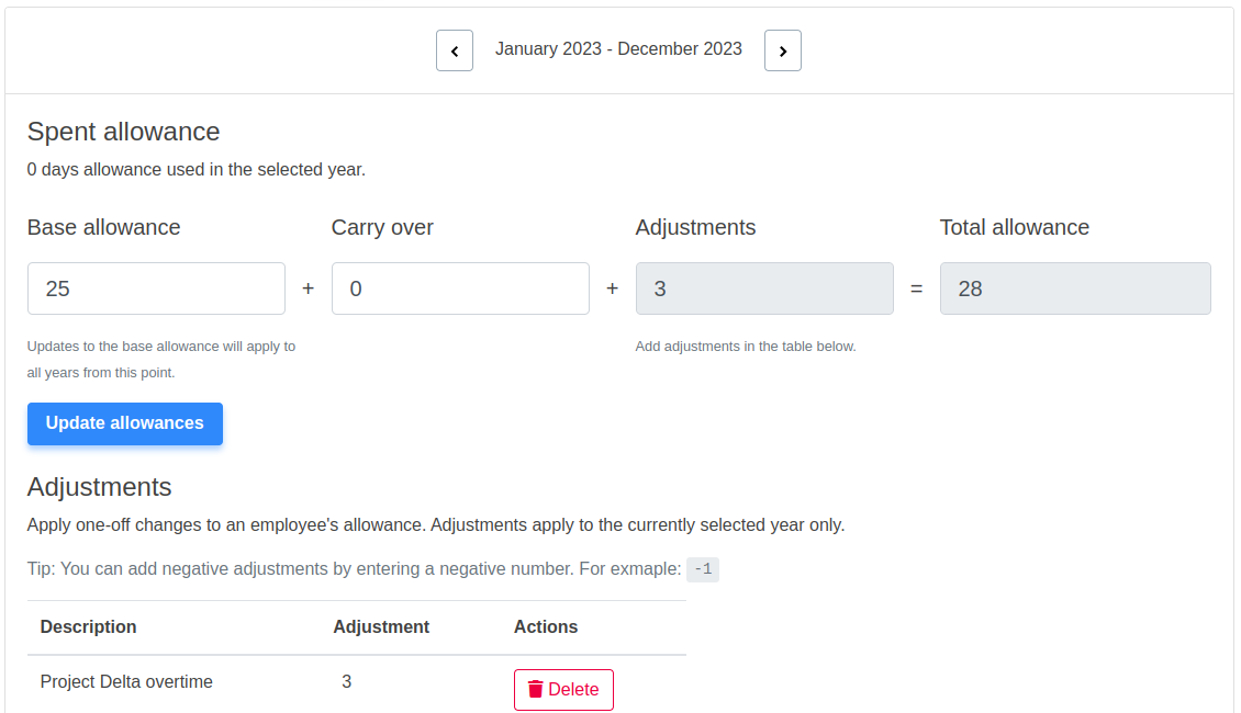 Making an allownace adjustment in Absentia leave planner