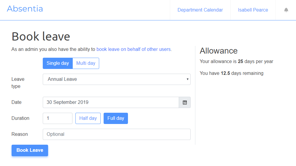 Absence tracker booking screen