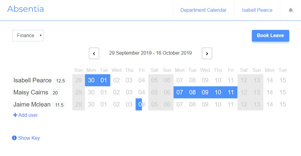 Absentia team leave planner calendar